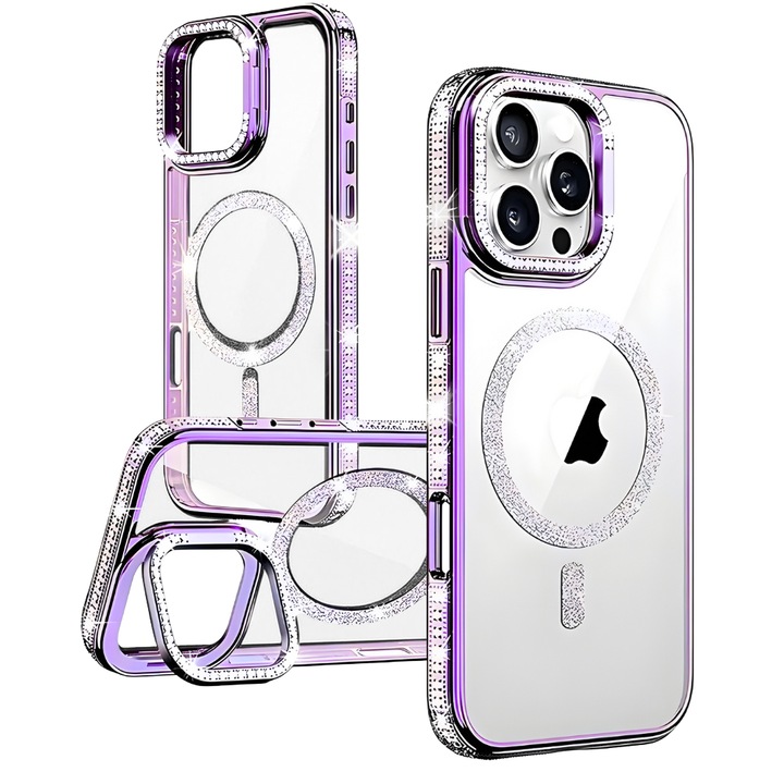 Калъф за Apple iPhone 15 Pro, Stellar-Inlay, съвместим с MagSafe, инкрустирани блестящи камъчета, против отпечатъци, опора около камерата, против надраскване, предпазва камерата, елегантен дизайн, лилав