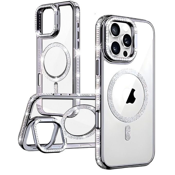 Калъф за Apple iPhone 15 Pro, Stellar-Inlay, Съвместим с MagSafe, Инкрустирани Блестящи Камъчета, Против Отпечатъци, Опора около Камерата, Против Драскотини, Защитава Камерата, Елегантен Дизайн, Сребрист