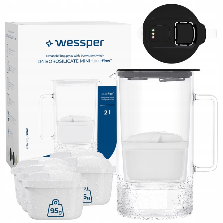 Cana filtranta Wessper D4 BOROSILICATE 2L, sticla borosilicata, met LED contor, BPA Free, set met 6 filtru de apa Aquamax, negru