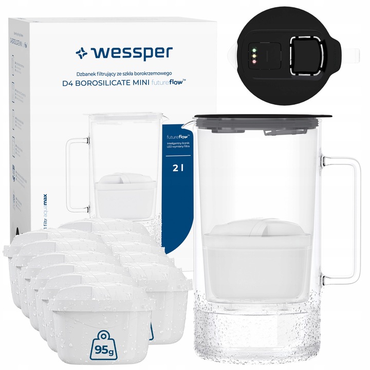 Cana filtranta Wessper D4 BOROSILICATE 2L, sticla borosilicata, met LED contor, BPA Free, set met 12 filtru de apa Aquamax, negru