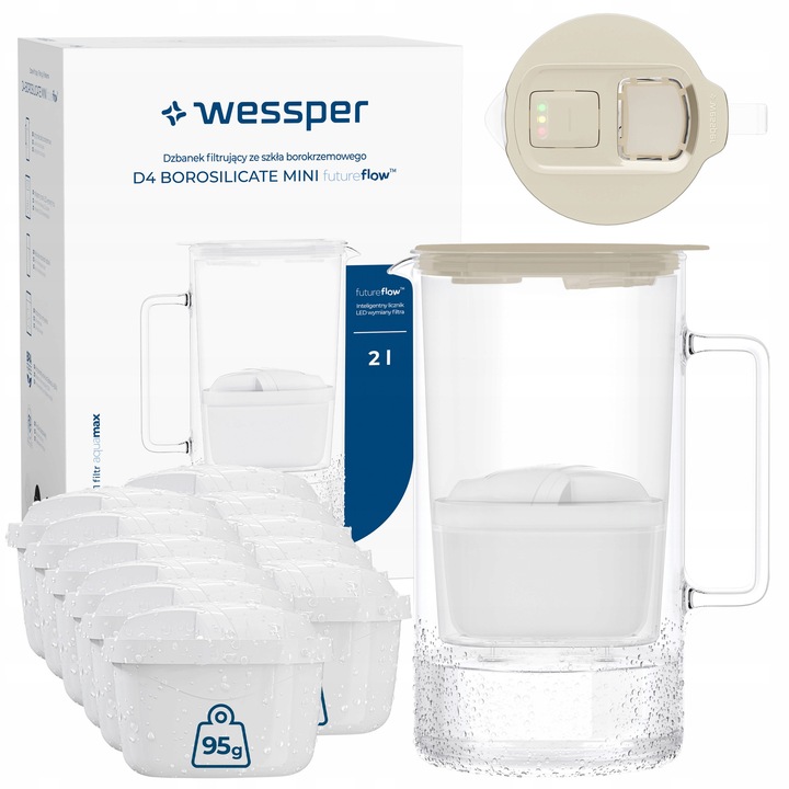 Cana filtranta Wessper D4 BOROSILICATE 2L, sticla borosilicata, met LED contor, BPA Free, set met 12 filtru de apa Aquamax, bej