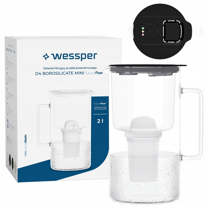 Filtru apa Wessper D4 Borosilicat mini futureflow, alb, 2L, 24.5x11.5cm