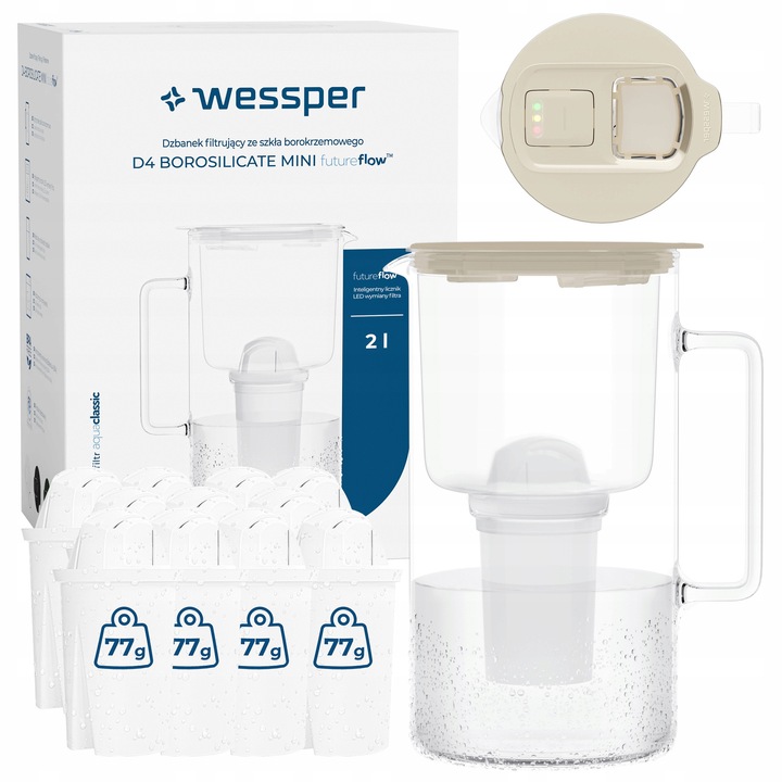 Cana filtranta Wessper D4 BOROSILICATE, sticla borosilicata, 2L met LED contor, BPA Free, set met 12 filtru de apa Aquaclassic, bej