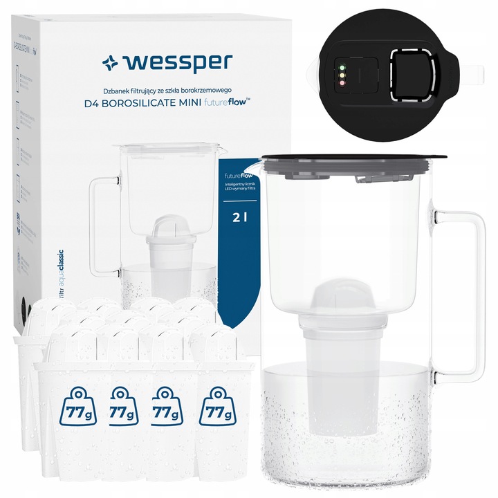 Cana filtranta Wessper D4 BOROSILICATE, sticla borosilicata, 2L met LED contor, BPA Free, set met 12 filtru de apa Aquaclassic, negru