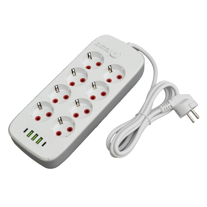 Мултифункционален разклонител с 8 контакта, 2 м, USB PD с прекъсвач