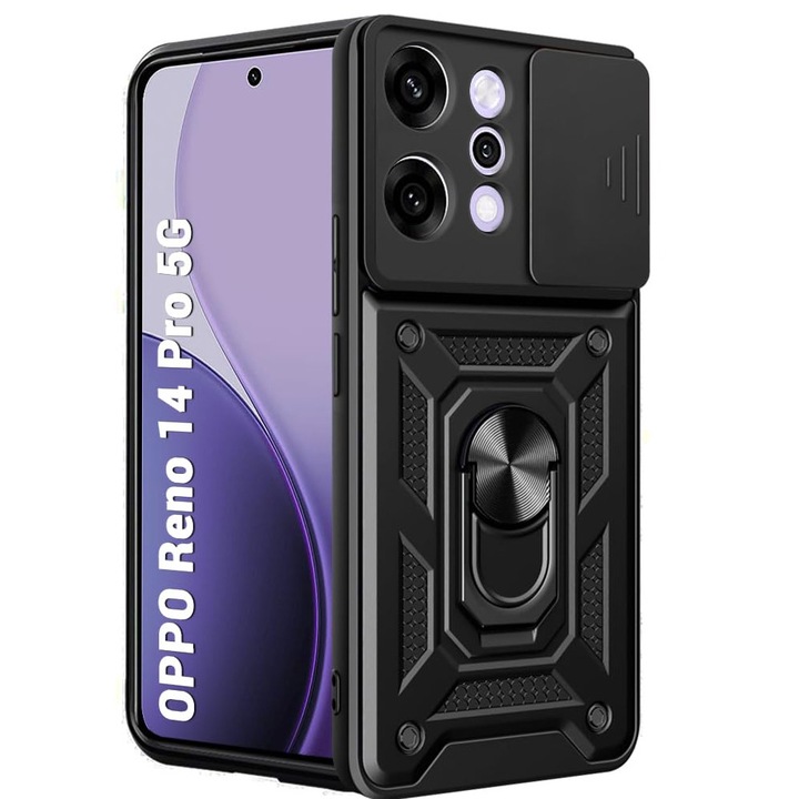 Husa Shutter Spate Armor Ring Lens Cover pentru Oppo Reno14 Pro, Slide Mechanism, Functie Magnetica, Camshield Suportul Inel Rotativ 360°, Negru