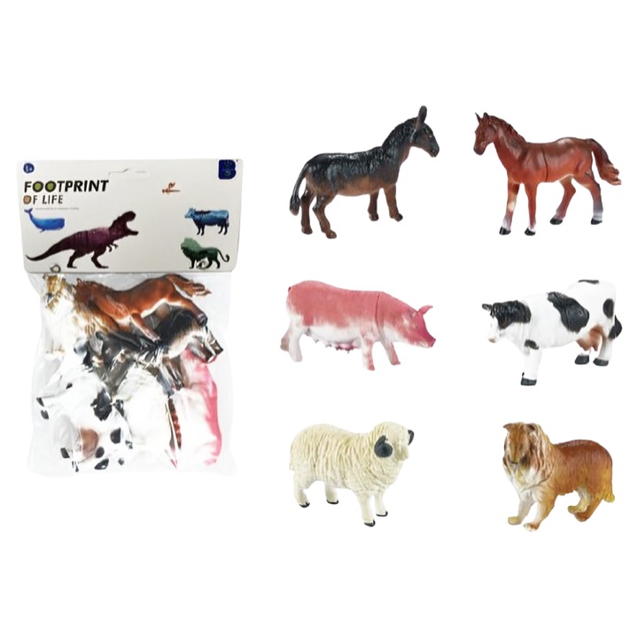 Set 6 Figurine Animale Domestice de Jucarie - Caine, Cal, Magar, Porc, Vaca, Oaie - Plastic, 8-10cm