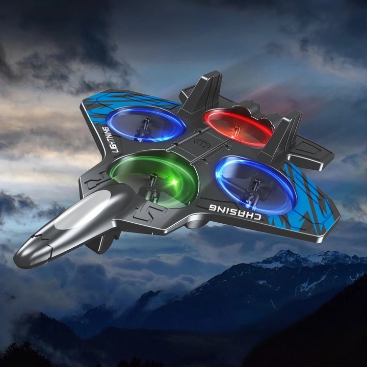 Harci Repülő Játék, Drón Típusú, Habból, Ellenálló, USB Töltés, Távirányítóval, Fényekkel, Repülési Távolság akár 120m, 25.5 x 18 x 5.2 cm, Fekete-Kék