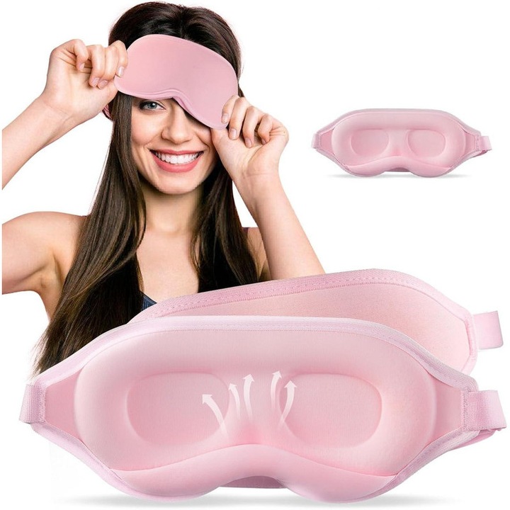 Контурна 3D маска за сън SunMira, без натиск върху очите, пълно блокиране на светлината, розова