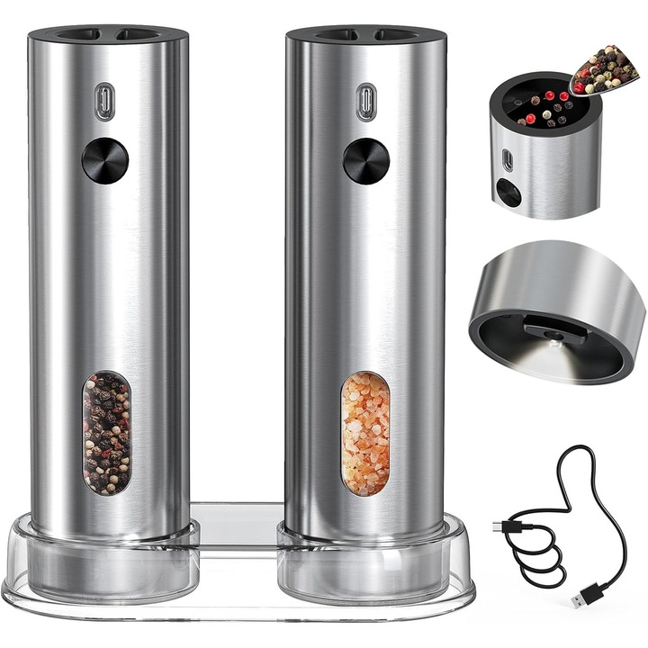 Set 2 rasnite electrice pentru sare si piper TodyJeyHo, capacitate 110ml, cu baza de incarcare, inox