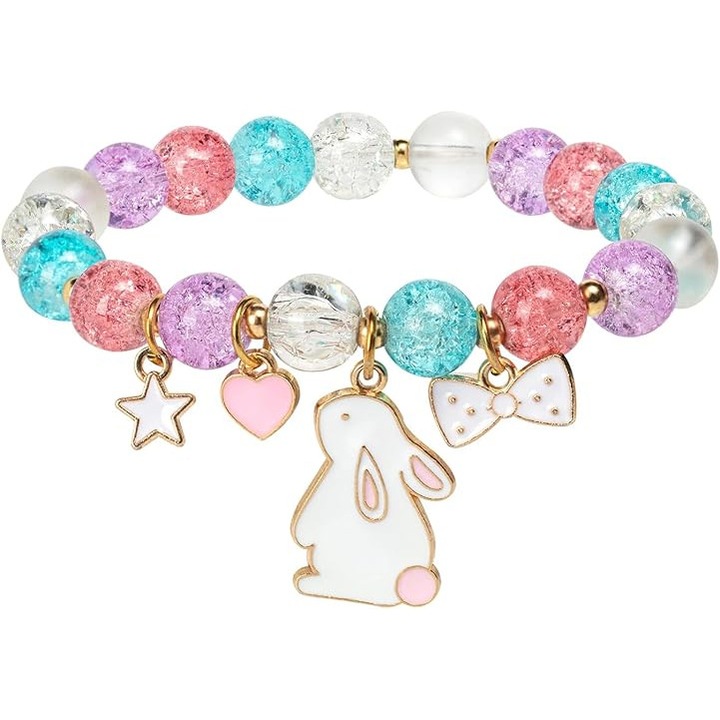 Bratara elastica Kengege® cu margele colorate, pandantiv iepuras, set de sarbatoare