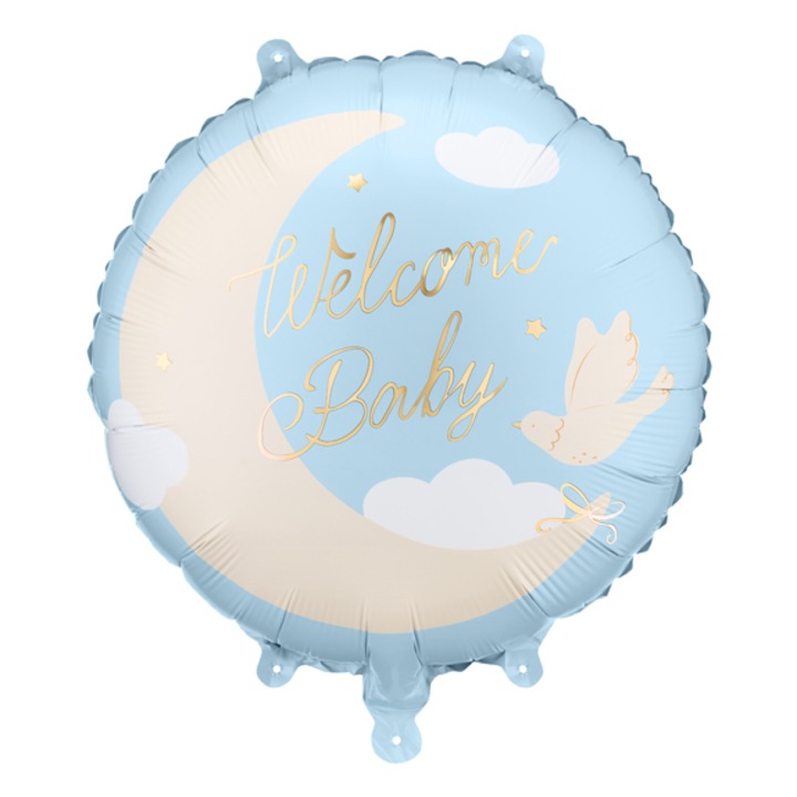Balon folie Welcome Baby (35cm) albastru deschis / Auriu Baby Shower