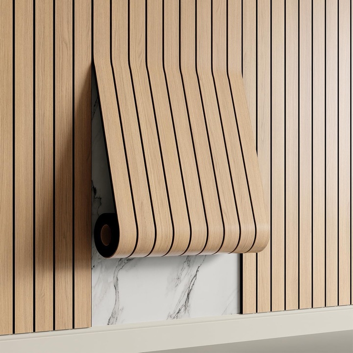 Riflaj 3D Teno®, panou model lemn, suprafata acoperire 1.8 mp, autoadeziva, waterproof, usor de montat, design modern, 60 cm x 3 m, maro deschis