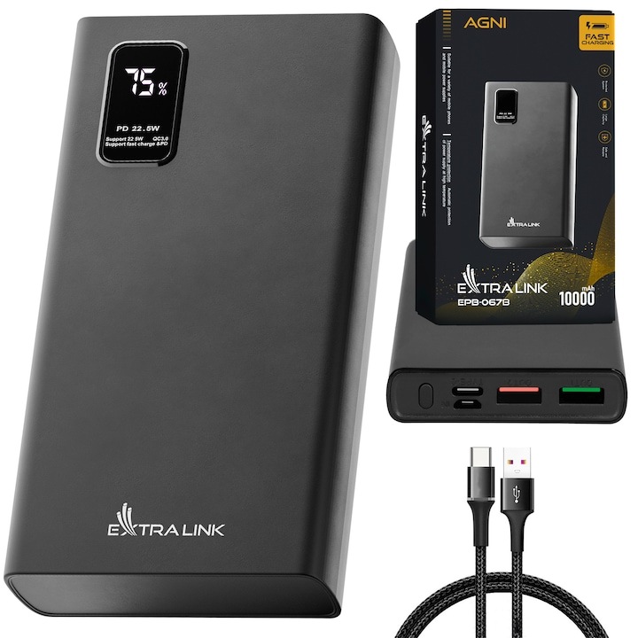 Külső akkumulátor, Extralink EPB-067B 10 000 mAh, fekete, gyors töltés, USB-C, kompakt és könnyű, ideális okostelefonok, táblagépek és egyéb mobil eszközök töltésére útközben