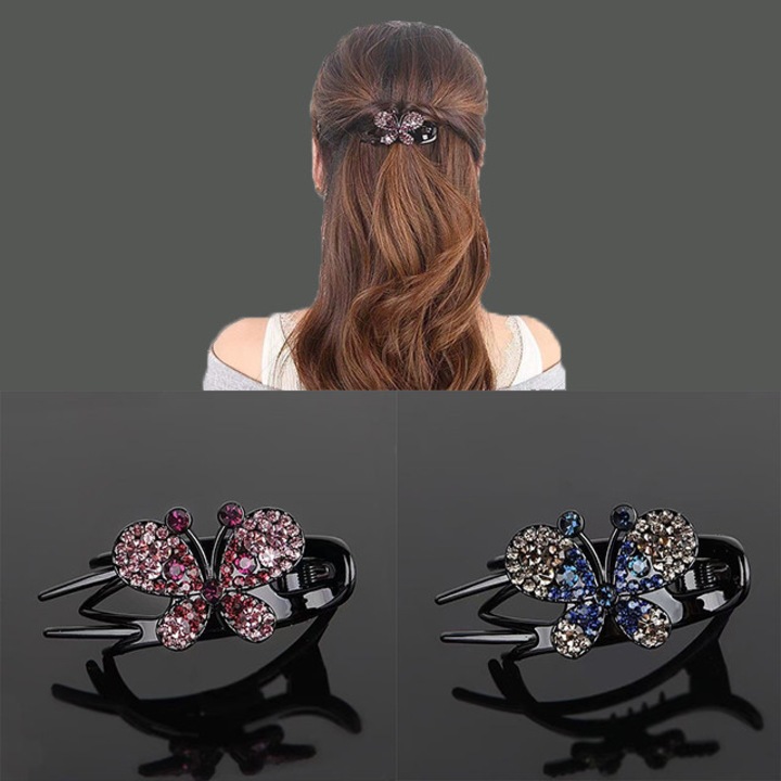 2 darab pillangó alakú hajcsat, kristálybetétekkel, prémium anyagból, kék/rózsaszín