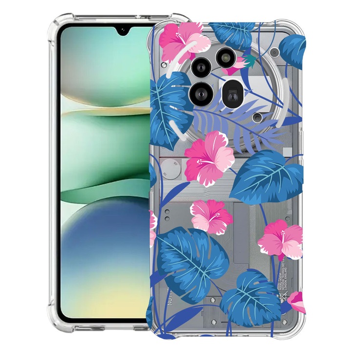 BestCase® Удебелен (1.5мм) Прозрачен Кейс Съвместим с Nothing Phone (3a) Pro, с Дизайн Тропически Сини Цветя, Подсилени 4 Ъгъла, 3119592 AS 112