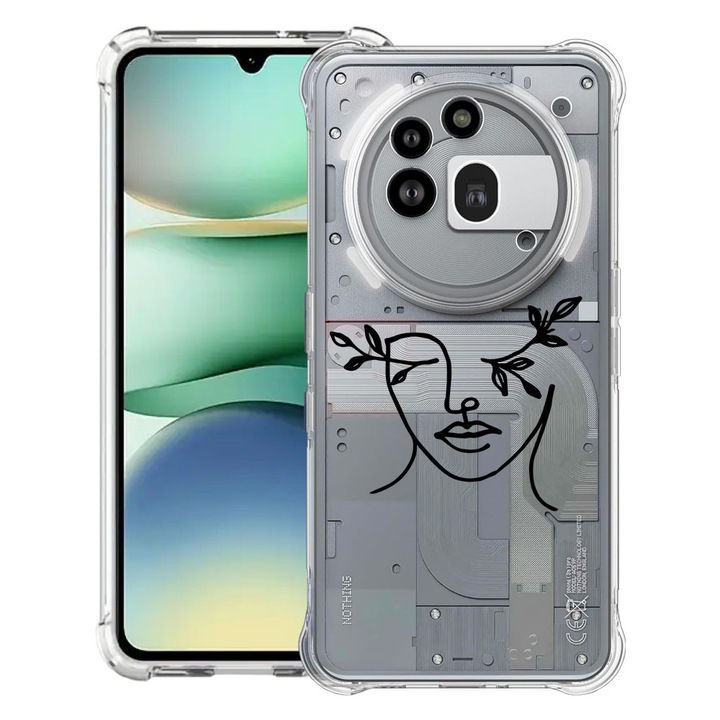 BestCase® Устойчив на удар калъф 1.5 мм, съвместим с Nothing Phone (3a) Pro, с дизайн „Абстрактна жена“, подсилени 4 ъгъла, 3119592 AS 736