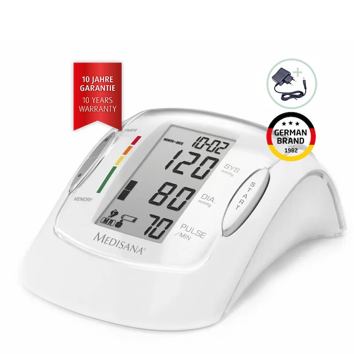 Апарат за измерване на кръвно налягане Medisana MTP Pro + Адаптер, Индикатор за аритмия, Функция за памет за 2 потребители, Чанта за съхранение, Бял