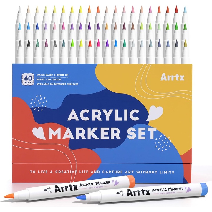 Комплект от 60 акрилни маркера, многоцветни, връх на четка 3.8 мм, включена кутия за съхранение