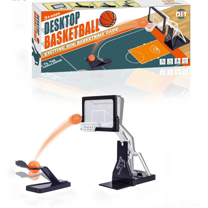 Set de joc de birou cu teren de baschet cu lansare cu degetul, 6 mingi