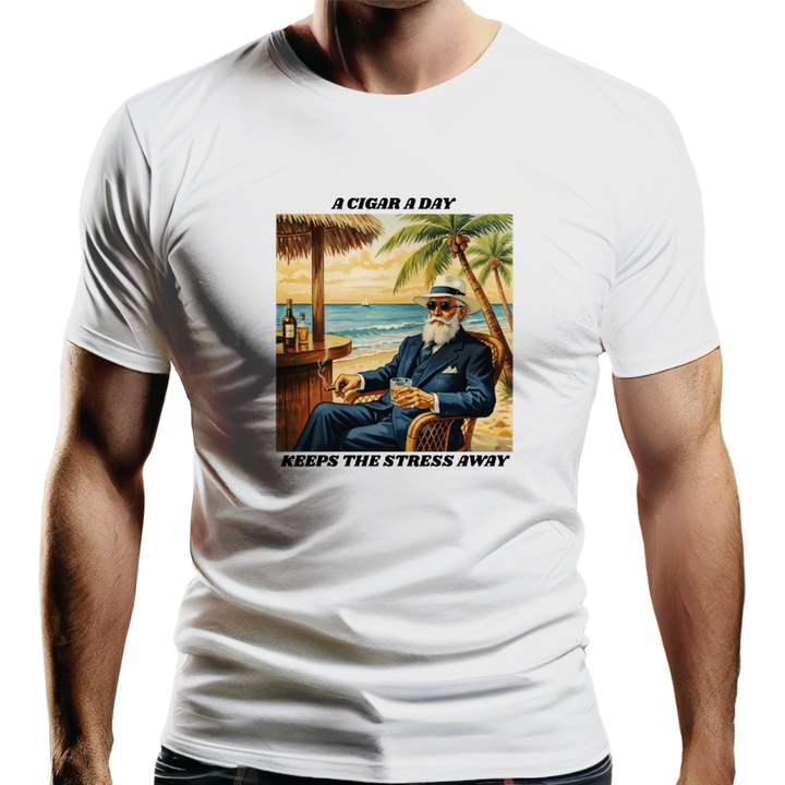 Мъжка тениска A Cigar a Day Keeps The Stress Away, 100% памук, бял, 2XL