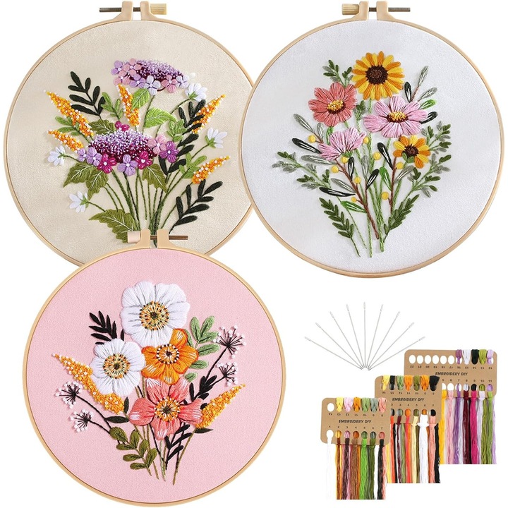 Set broderie DIY, 3 modele florale, tambur 20cm, 3 panze 30x30cm, accesorii complete