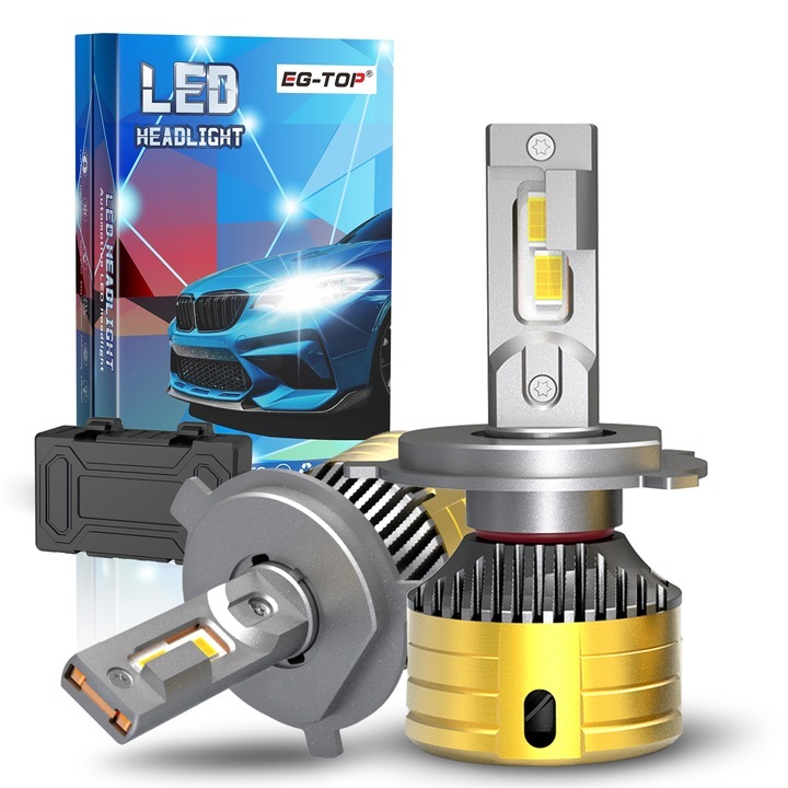 Set 2 Becuri LED Auto H4 EG-TOP, 136W, 30000LM, 6000K Alb Rece, Canbus Fara Eroare, 360°, IP68, Plug & Play, Faza Lunga si Scurta, Durata Mare