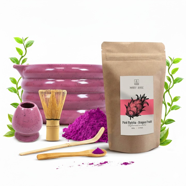 Комплект за розова матча традиционна пудра, Mary Rose 50 г, купа в боровинково лилаво 500 мл, бамбукови аксесоари Часен