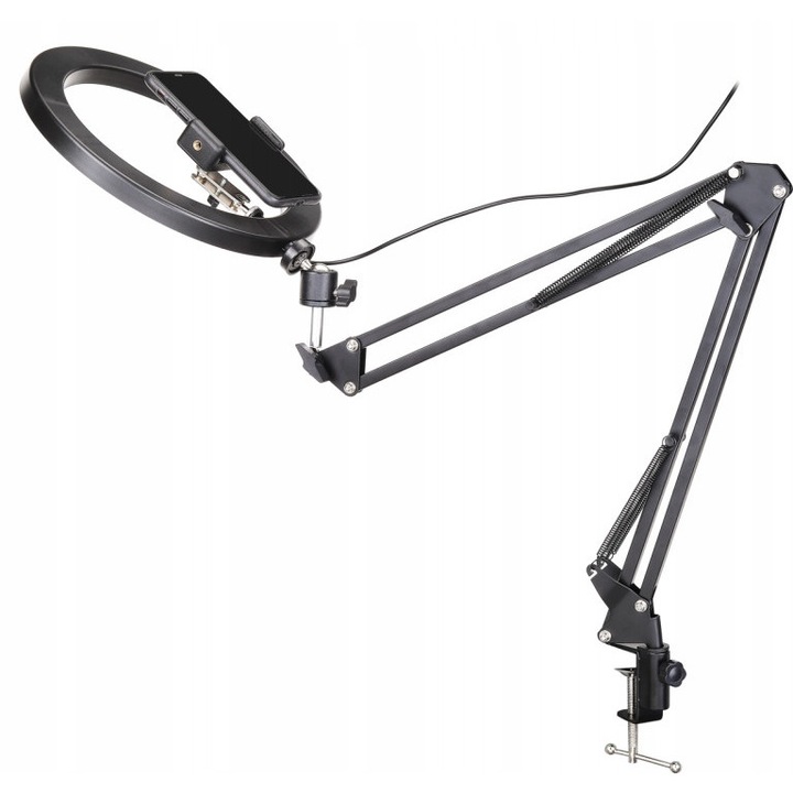 Suport Telefon KALINE cu Lumina LED, Negru, Inaltime 64cm, Brate Reglabile 39cm