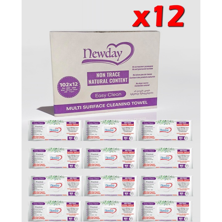 Șervețele umede universale Newday pentru curățare, multifuncționale, fără urme, 12 bucăți