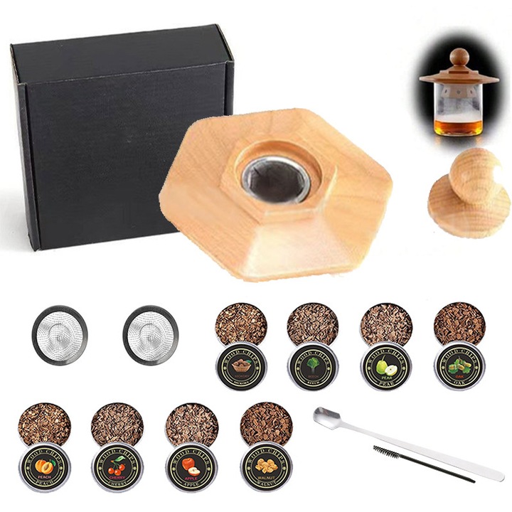 Премиум комплект за опушване на коктейли, Klenzo®, Включва 2 филтъра, 8 аромата дървени стърготини, коктейли, бърбън, Светлокафяв