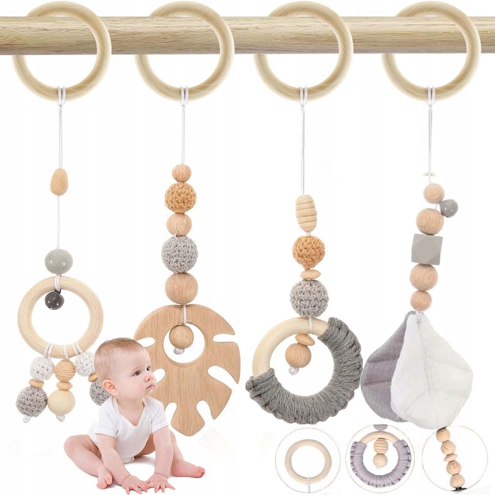 Set 4 Jucării Suspendate din Lemn pentru Baby Gym, Design Frunze, 28x8cm