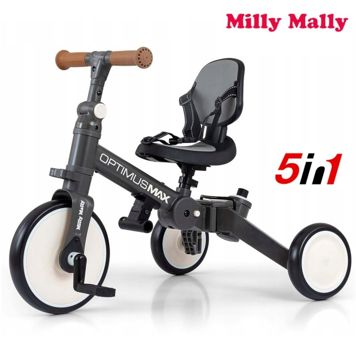Tricicleta Milly Mally Optimus Max 5-in-1, gri, 12 luni+, reglabilă, pliabilă