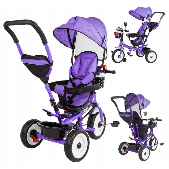 Tricicleta copii 3 în 1, alb, maner parental reglabil, scaun rotativ 360