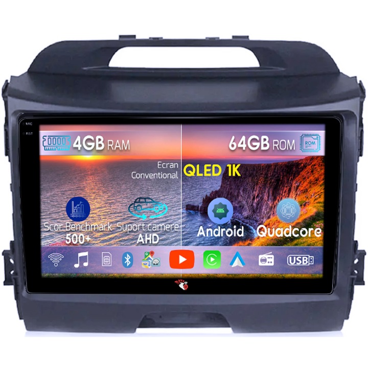Navigatie dedicata Kia Sportage 2010-2015, 4GB RAM 64GB ROM, Octacore, Android 14, Display QLED 1K 9", DSP, Carplay, Android Auto, Internet, Youtube, Waze, WIFI, Bluetooth