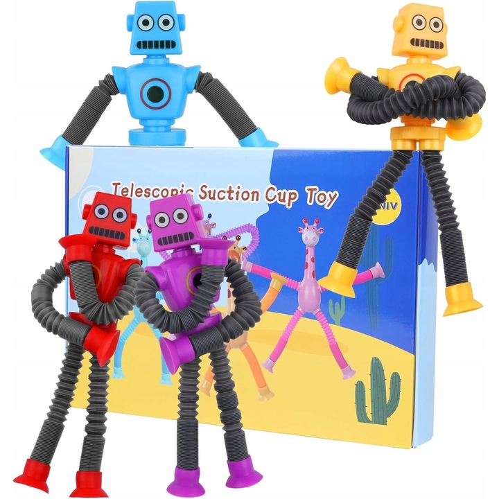 Robot Telescopic cu Ventuza, Set 4 Bucati, Jucarie Interactive, Multicolor, Plastic