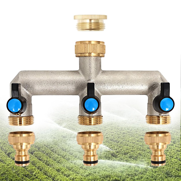 Distribuitor de apa cu 3 cai din aluminiu, YOUKUKE®3 supape independente, 3/4 inch, dimensiuni 167x55mm, cu robinet cu bila pentru reglarea si inchiderea debitului de apa, apa independenta pentru casa, culoare argintie