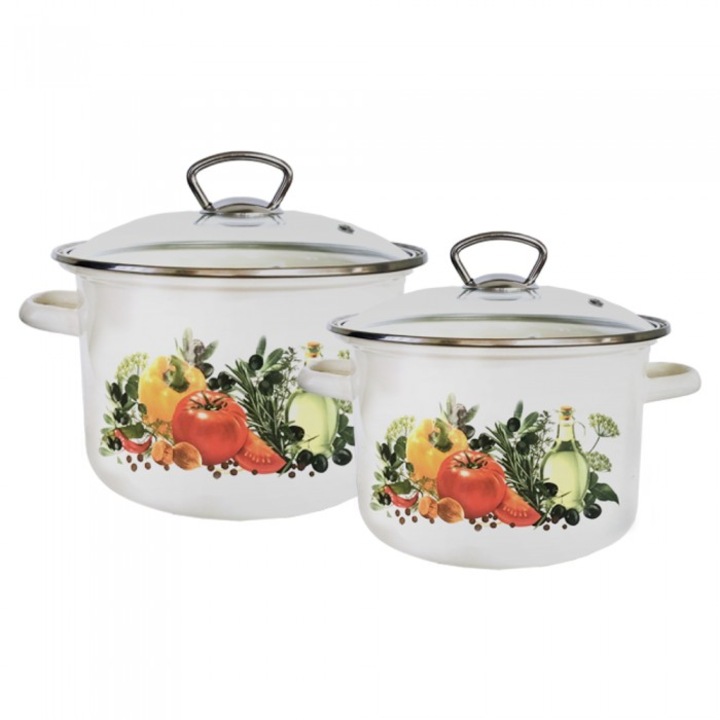 Set 2 oale emailate din otel carbon Evropeiskaia Kuhnea 3l si 5, 5l cu capac yena