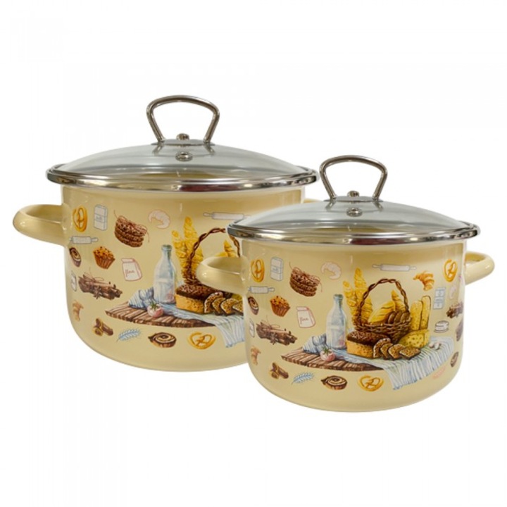 Oale emailate otel carbon 4 piese Raki Hleb 2 oale cu capace 3l si 5, 5l