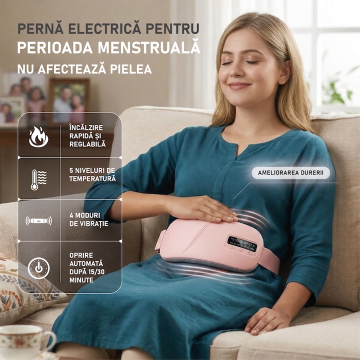 Centura Electrica Incalzire EQZER®, Centura Menstruala Reincarcabila, Centura Masaj Abdominal cu 5 Trepte Incalzire 45–65°C, 4 Moduri Vibratii, Afisaj LED, 1800 mAh, USB 5V, Terapie Crampe Menstruale, Dureri Abdominale si Lombare, Roz