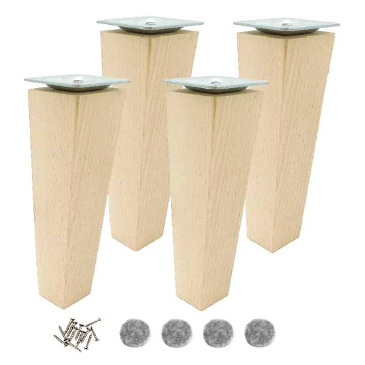 Picioare din fag 18 cm – trapezoidale, netratate, cu kit de montare