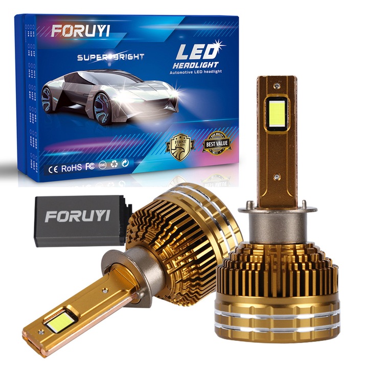 Set 2 Becuri LED H1, FORUYI,136W,30000LM, Pentru Faruri Auto,12-24 V, Lumina Alb Rece 6500K, Super CSP cu Cipuri Performante, Radiator Aluminiu, Plug&Play, Canbus, Unghi 360° Rezistenta la Apa