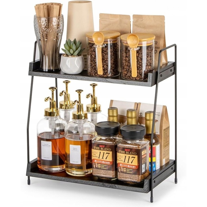 Set organizator din lemn pentru cafea, 2 nivele, stil rustic-industrial, 35x16.2cm, 35x19.1cm