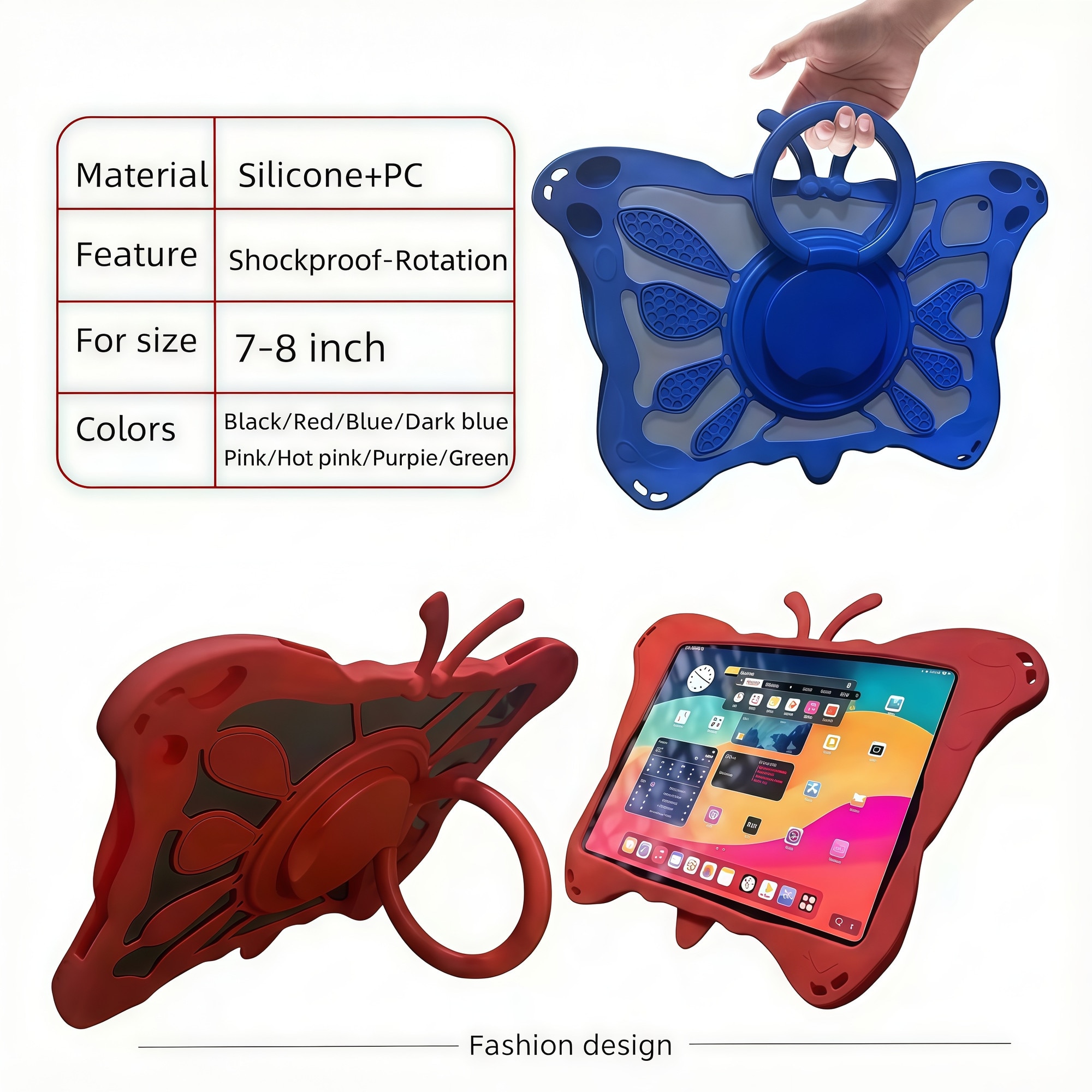 Husa Tableta Universala Copii 7 - 8 inch, Model Fluture 3D, Compatibila cu Allview Viva / Vonino Pluri / Lenovo Tab M8, Silicon Antisoc, Suport Rotativ 360, Maner si Dissipare Caldura, Verde Menta