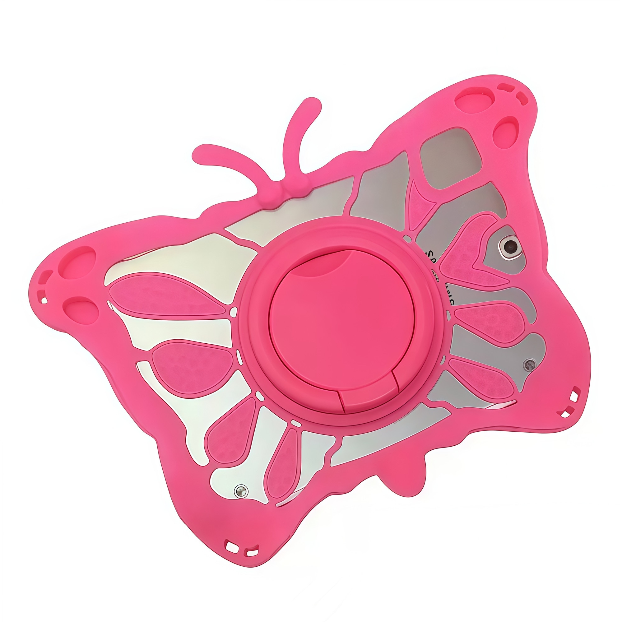 Husa Tableta Universala Copii 7 - 8 inch, Model Fluture 3D, Compatibila cu Allview Viva / Vonino Pluri / Lenovo Tab M8, Silicon Antisoc, Suport Rotativ 360, Maner si Dissipare Caldura, Roz Fucsia