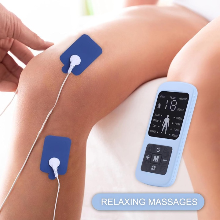 Aparat de Masaj cu Electrostimulare/Fizioterapie, Bedee, Portabil, 8 Moduri, 19 Niveluri de Intensitate, pentru Electroterapie, Aparat Recuperare Musculara, Ameliorare Dureri, Usor de Folosit, Display Digital, pentru Cot, Spate, Umeri, Albastru