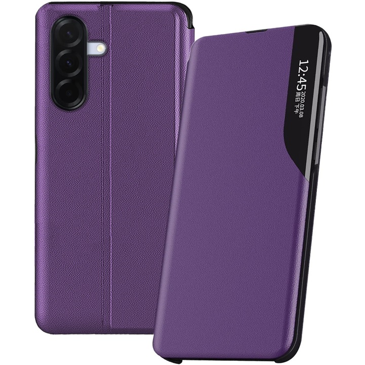 Husa carte pentru Samsung Galaxy A36 5G, Piele ecologica, PU Leather Smart View, Interior microfibra, Functie stand, Rama de plastic antisoc, Acoperire fata-spate, Functie inteligenta ceas digital, compatibila Always-On Display, Mov