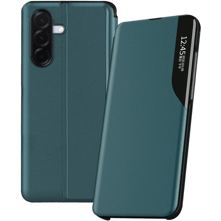 Husa carte pentru Samsung Galaxy A36 5G, Piele ecologica, PU Leather Smart View, Interior microfibra, Functie stand, Rama de plastic antisoc, Acoperire fata-spate, Functie inteligenta ceas digital, compatibila Always-On Display, Verde inchis