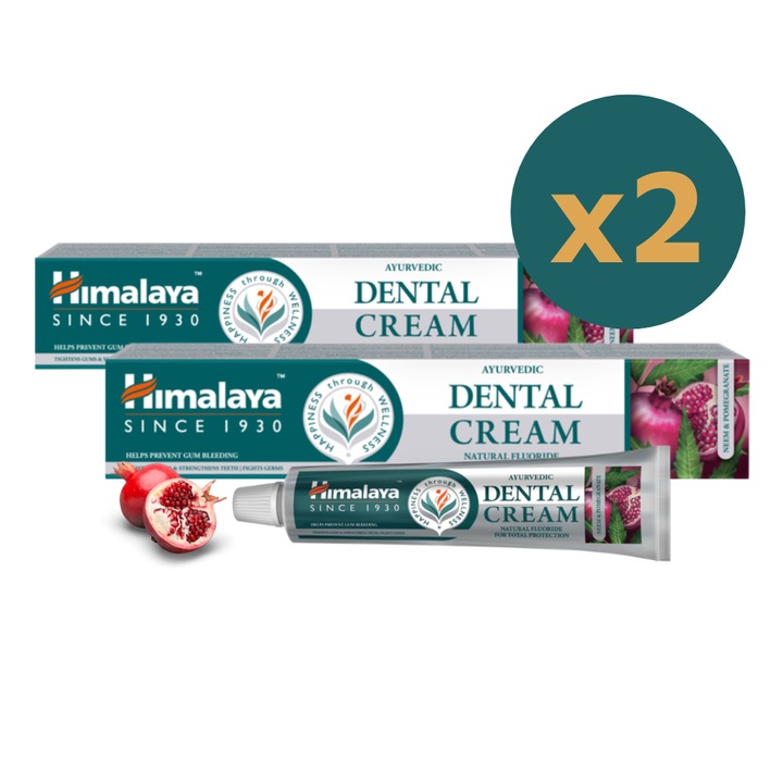 Pasta de dinti, Himalaya, Pachet 2x, Dental Cream, Neem, Rodie, fluor natural, intareste smaltul, previne sangerarea gingiilor, lupta impotriva bacteriilor, 2x100g