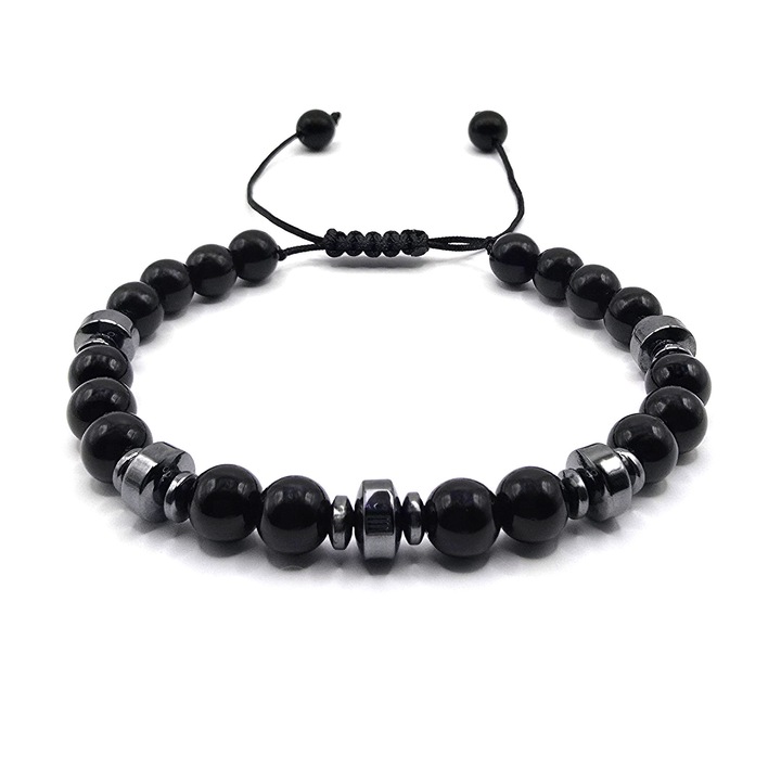 Bratara barbat, Lexy's Boutique, onix si hematit, negru/argintiu, ajustabila